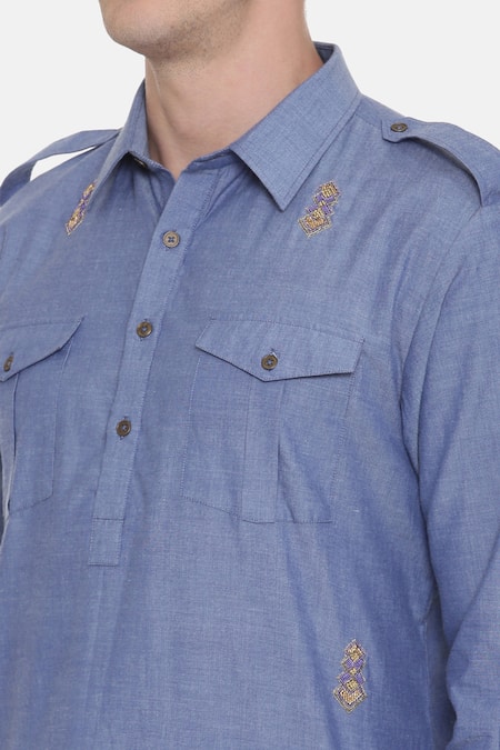 Shop_Mayank Modi - Men_Blue 100% Cotton Geometric Embroidered Pathani Kurta Set_Online_at_Aza_Fashions