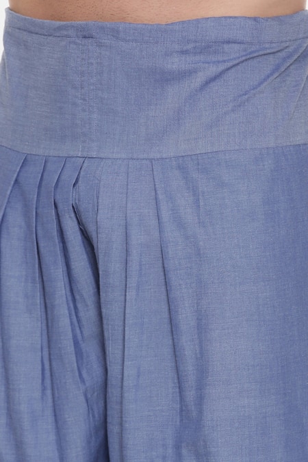 Mayank Modi - Men_Blue 100% Cotton Geometric Embroidered Pathani Kurta Set_at_Aza_Fashions