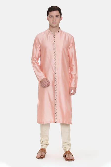 Mayank Modi - Men Pink Silk Cotton Embroidered Floral Kurta Set