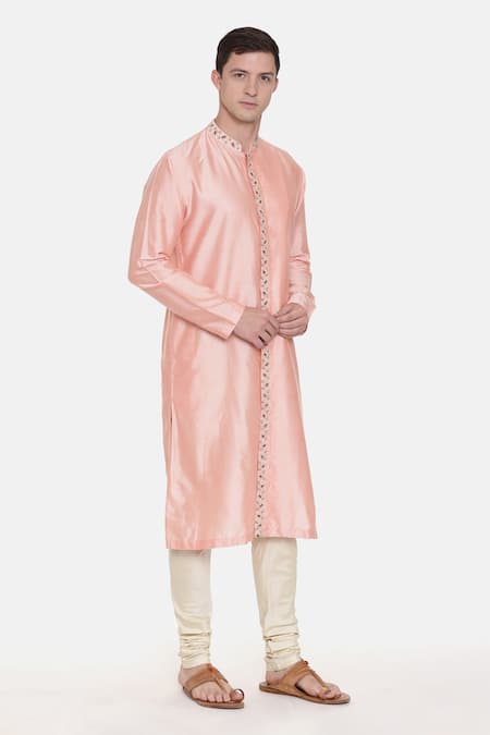 Mayank Modi - Men_Pink Silk Cotton Floral Kurta Set_Online_at_Aza_Fashions