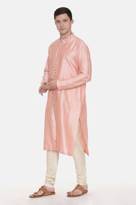 Buy_Mayank Modi - Men_Pink Silk Cotton Floral Kurta Set_Online_at_Aza_Fashions