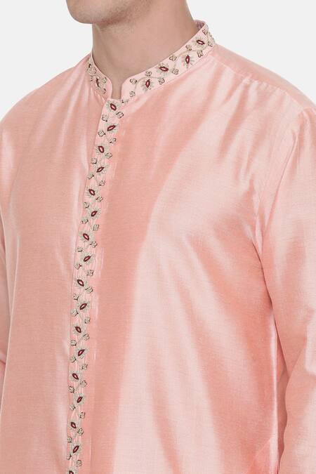 Shop_Mayank Modi - Men_Pink Silk Cotton Floral Kurta Set_Online_at_Aza_Fashions