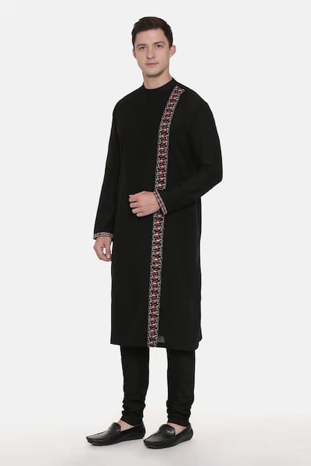 Mayank Modi - Men_Black Silk Organza, Silk, Cotton Embroidery Kurta Set_Online_at_Aza_Fashions