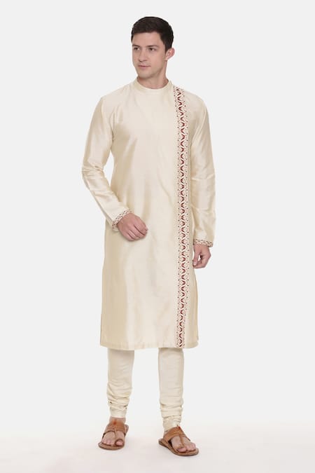 Mayank Modi - Men Beige Silk Cotton Embroidered Floral Kurta Set 