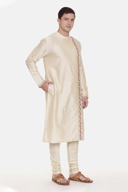 Mayank Modi - Men_Beige Silk Cotton Floral Kurta Set _Online_at_Aza_Fashions
