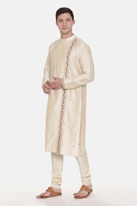 Buy_Mayank Modi - Men_Beige Silk Cotton Floral Kurta Set _Online_at_Aza_Fashions