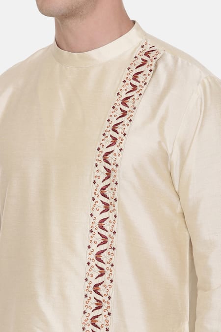 Shop_Mayank Modi - Men_Beige Silk Cotton Floral Kurta Set _Online_at_Aza_Fashions