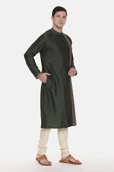 Mayank Modi - Men_Green Silk Cotton Floral Kurta Set _Online_at_Aza_Fashions