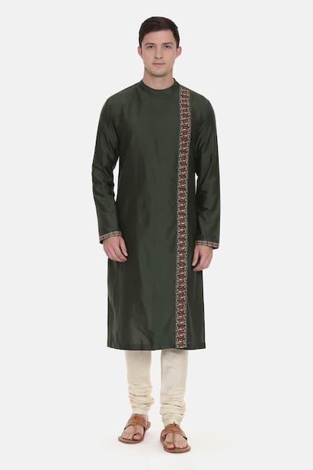 Buy_Mayank Modi - Men_Green Silk Cotton Floral Kurta Set _Online_at_Aza_Fashions