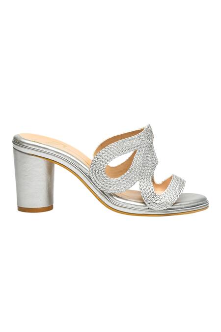 Nidhi Bhandari_Silver Textured Strap Block Heels _Online_at_Aza_Fashions