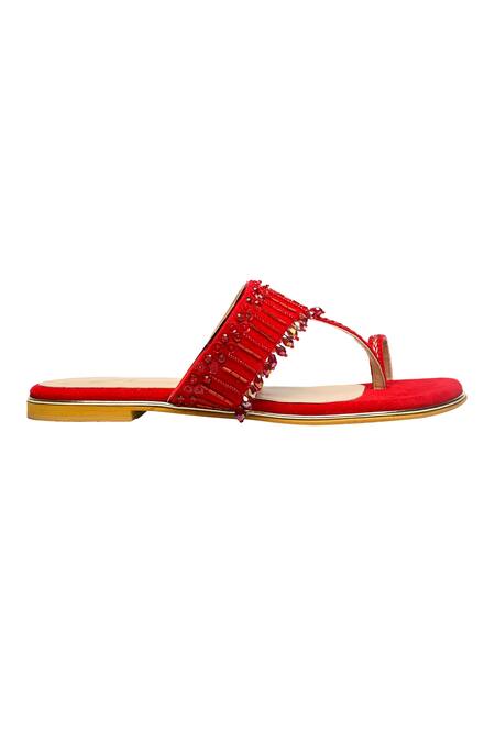 Nidhi Bhandari_Red Embellished Velvet Kolhapuri Flats _Online_at_Aza_Fashions