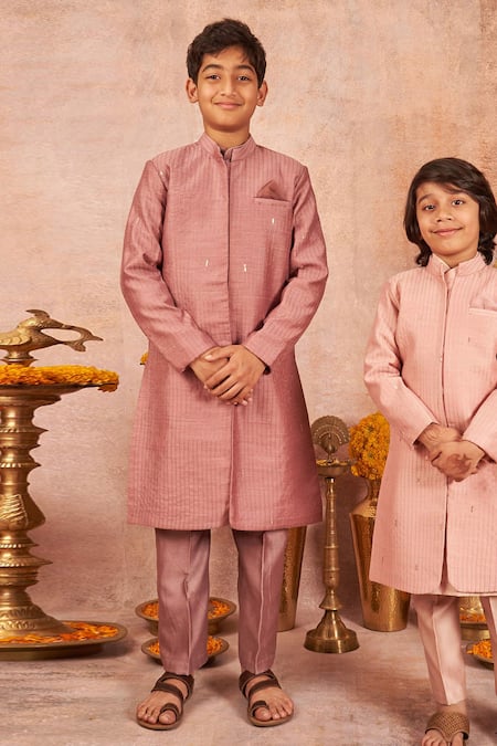 All Boy Couture Purple Muslin, Cotton, Silk Sequins, Zari Embroidered Achkan Kurta Set 