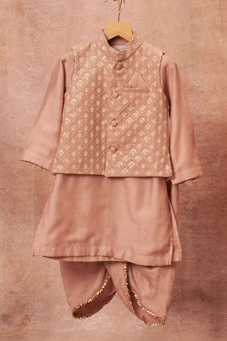 Shop All Boy Couture Pink Maheshwari, Cotton, Silk Sequins, Embroidery Bundi Dhoti Pant Set at Aza Fashions Shop_All Boy Couture_Pink Maheshwari, Cotton, Silk Sequins, Embroidery Bundi Dhoti Pant Set _at_Aza_Fashions