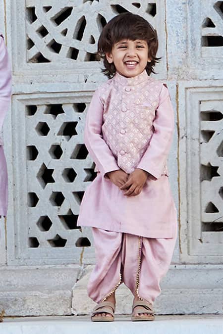 All Boy Couture Pink Maheshwari, Cotton, Silk Sequins, Embroidery Bundi Dhoti Pant Set 
