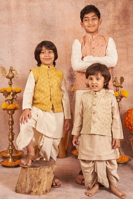 Shop All Boy Couture Beige Muslin, Cotton, Silk Zari Embroidered Bundi Dhoti Pant Set at Aza Fashions Shop_All Boy Couture_Beige Muslin, Cotton, Silk Zari Embroidered Bundi Dhoti Pant Set _at_Aza_Fashions