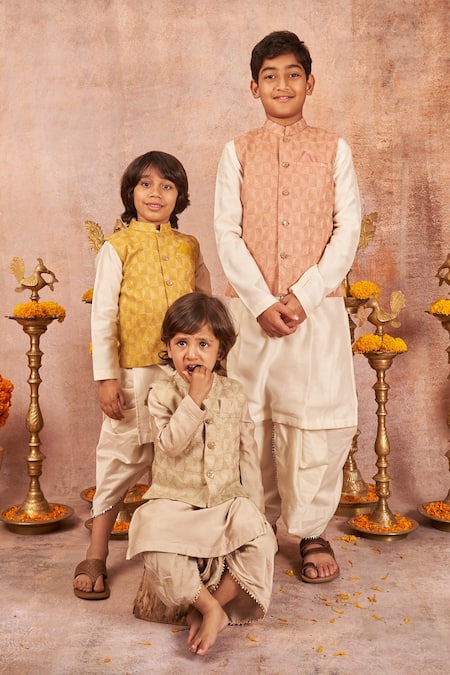 All Boy Couture Beige Muslin, Cotton, Silk Zari Embroidered Bundi Dhoti Pant Set Online at Aza Fashions All Boy Couture_Beige Muslin, Cotton, Silk Zari Embroidered Bundi Dhoti Pant Set _Online_at_Aza_Fashions