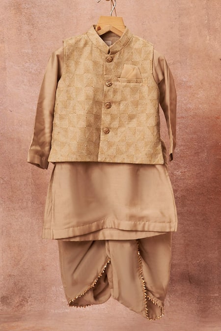 Buy All Boy Couture Beige Muslin, Cotton, Silk Zari Embroidered Bundi Dhoti Pant Set Online at Aza Fashions Buy_All Boy Couture_Beige Muslin, Cotton, Silk Zari Embroidered Bundi Dhoti Pant Set _Online_at_Aza_Fashions