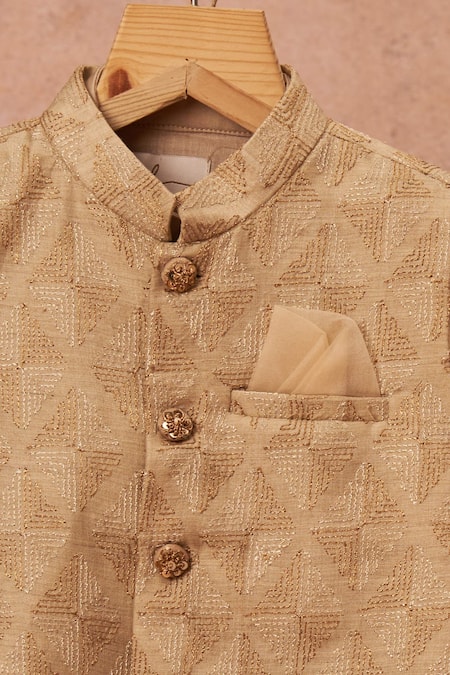 Shop All Boy Couture Beige Muslin, Cotton, Silk Zari Embroidered Bundi Dhoti Pant Set Online at Aza Fashions Shop_All Boy Couture_Beige Muslin, Cotton, Silk Zari Embroidered Bundi Dhoti Pant Set _Online_at_Aza_Fashions