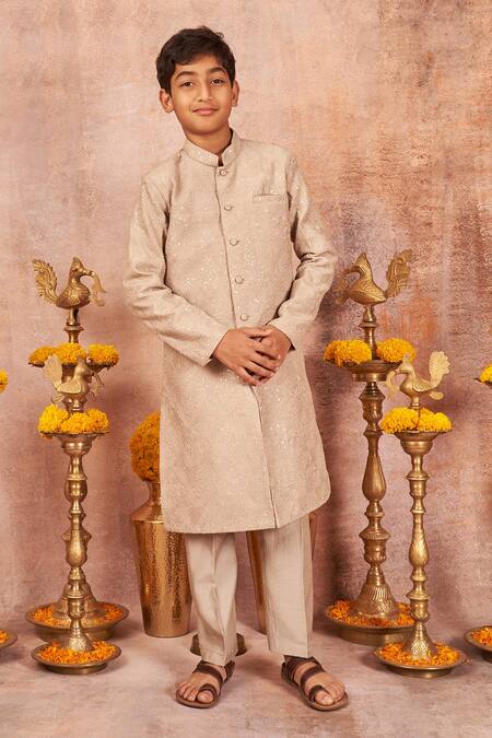 All Boy Couture Grey Slub Bangalore Silk Embroidered Geometric Achkan And Pyjama Set 