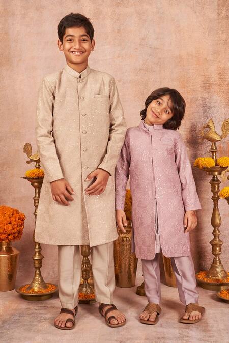 All Boy Couture_Grey Slub Bangalore Silk Embroidered Geometric Achkan And Pyjama Set _Online_at_Aza_Fashions