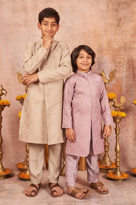 Buy_All Boy Couture_Grey Slub Bangalore Silk Embroidered Geometric Achkan And Pyjama Set _Online_at_Aza_Fashions