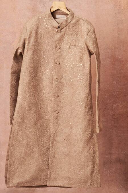 Shop_All Boy Couture_Grey Slub Bangalore Silk Embroidered Geometric Achkan And Pyjama Set _Online_at_Aza_Fashions