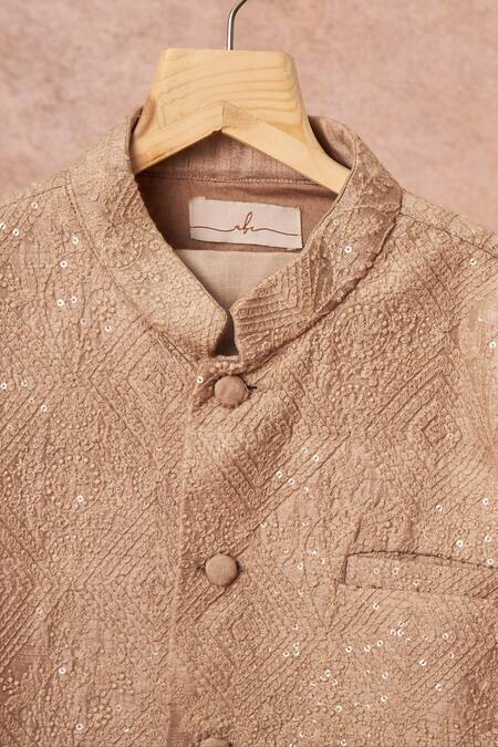 All Boy Couture_Grey Slub Bangalore Silk Embroidered Geometric Achkan And Pyjama Set _at_Aza_Fashions