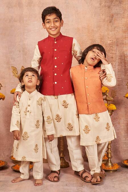 All Boy Couture_Orange Chanderi, Cotton Sequins, Embroidery Bundi Kurta Set _Online_at_Aza_Fashions