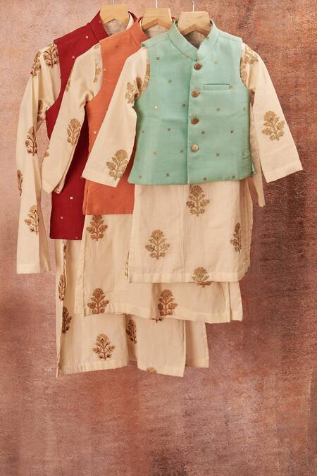 Shop_All Boy Couture_Orange Chanderi, Cotton Sequins, Embroidery Bundi Kurta Set _Online_at_Aza_Fashions