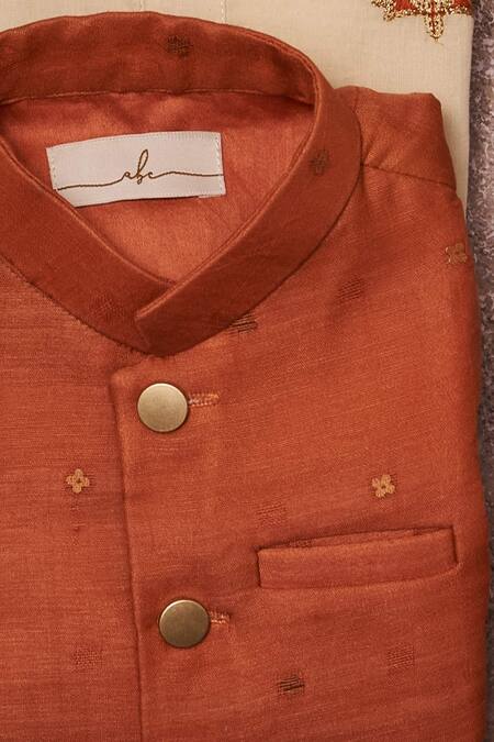 All Boy Couture_Orange Chanderi, Cotton Sequins, Embroidery Bundi Kurta Set _at_Aza_Fashions
