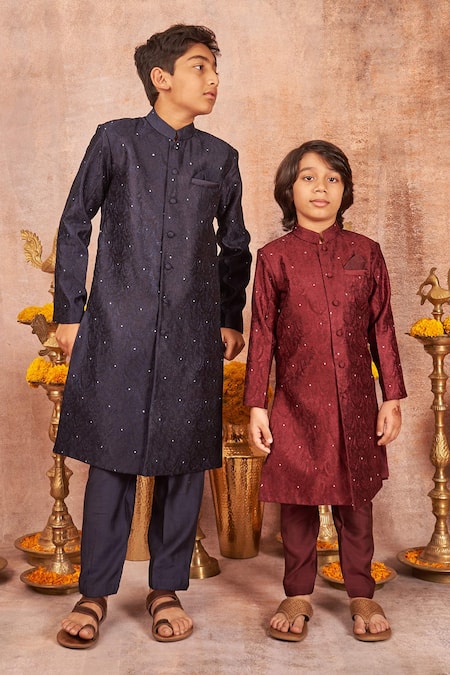 All Boy Couture_Blue Handloom Cotton, Cotton, Silk Embroidery Achkan And Pyjama Set _Online_at_Aza_Fashions
