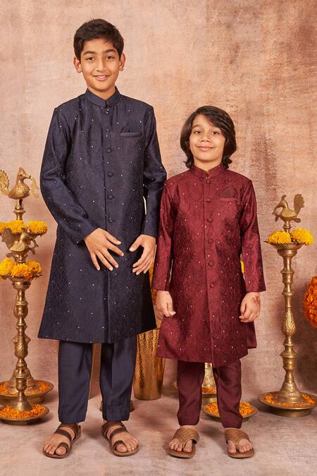 Buy_All Boy Couture_Blue Handloom Cotton, Cotton, Silk Embroidery Achkan And Pyjama Set _Online_at_Aza_Fashions