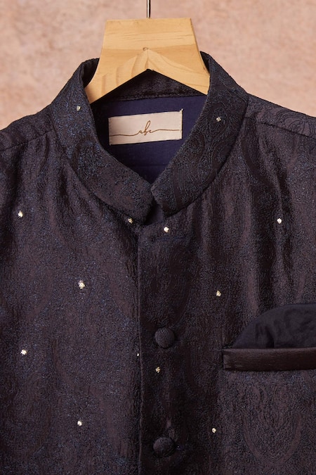 All Boy Couture_Blue Handloom Cotton, Cotton, Silk Embroidery Achkan And Pyjama Set _at_Aza_Fashions