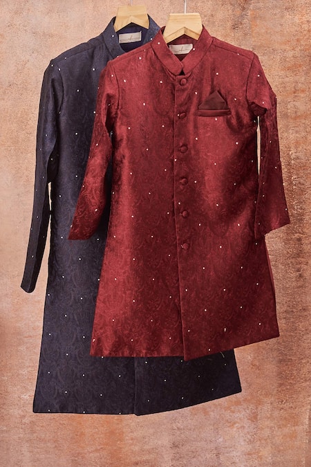 Shop_All Boy Couture_Maroon Handloom Cotton, Cotton, Silk Achkan And Pyjama Set _Online_at_Aza_Fashions