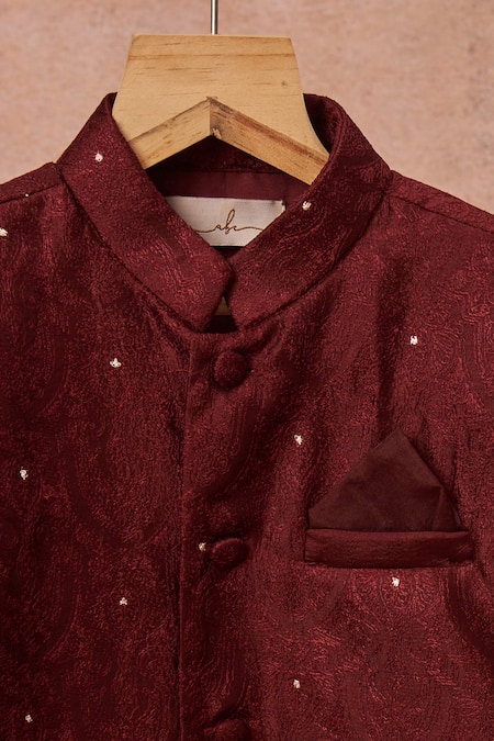 All Boy Couture_Maroon Handloom Cotton, Cotton, Silk Achkan And Pyjama Set _at_Aza_Fashions