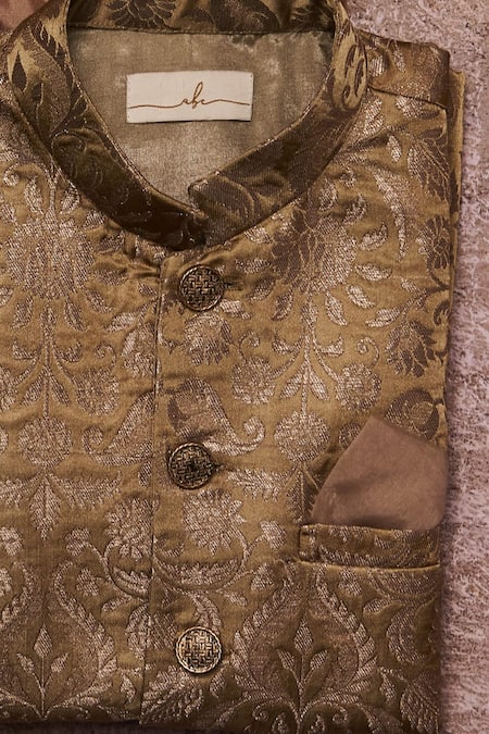 All Boy Couture_Green Silk, Brocade, Muslin, Cotton Zari Dull Work Bundi Kurta Set _Online_at_Aza_Fashions