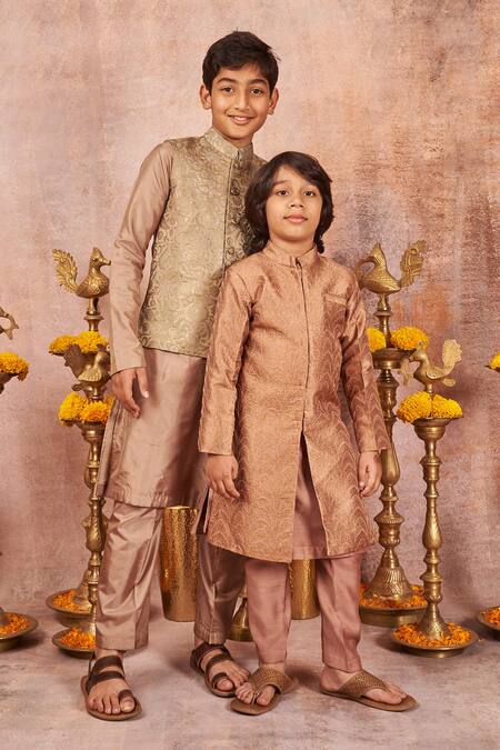 All Boy Couture_Pink Brocade, Cotton, Silk Zari Banarasi Achkan Kurta Set _Online_at_Aza_Fashions