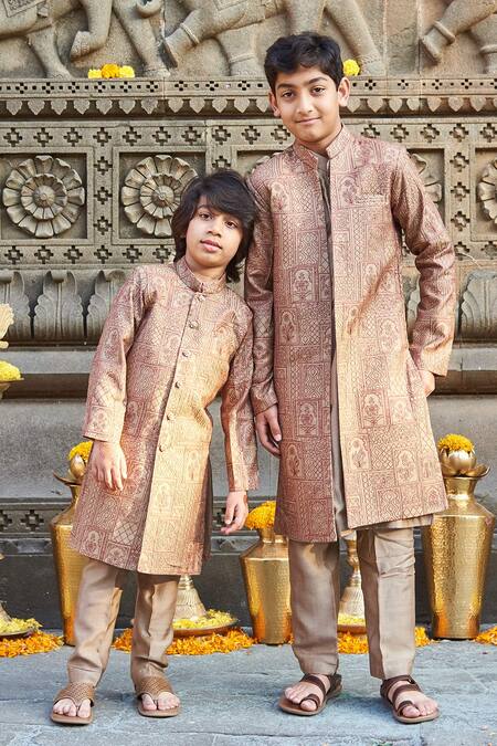 All Boy Couture_Beige Cotton, Silk Sequins, Embroidery Achkan Kurta Set_Online_at_Aza_Fashions