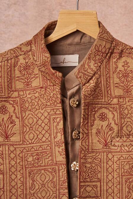 Shop_All Boy Couture_Beige Cotton, Silk Sequins, Embroidery Achkan Kurta Set_Online_at_Aza_Fashions