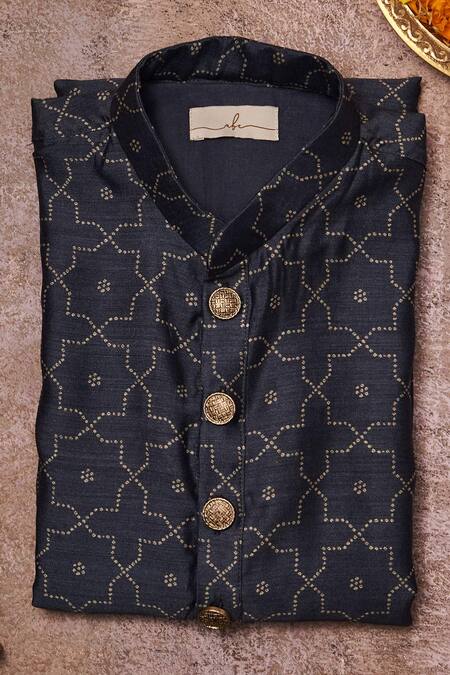 All Boy Couture_Blue Muslin, Cotton, Silk Embroidery Navy Geometric Print Kurta Set _Online_at_Aza_Fashions