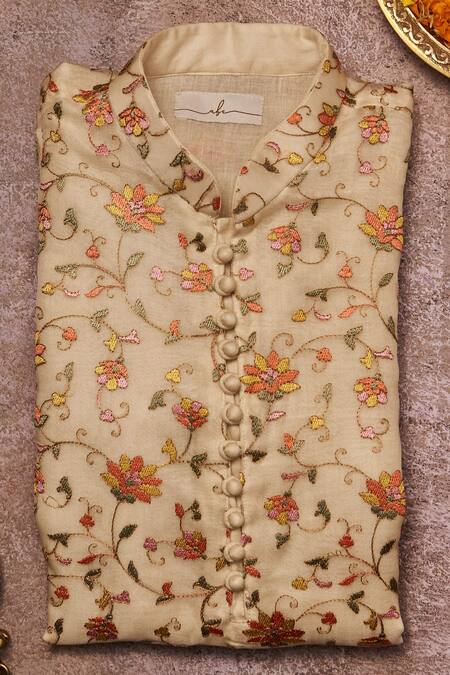 All Boy Couture_White Muslin, Cotton, Silk Embroidery Organza Kurta With Pyjama_Online_at_Aza_Fashions