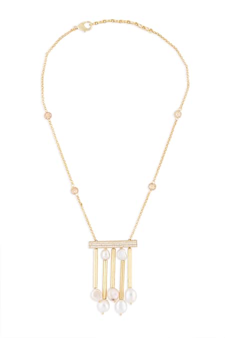 Shop Joules By Radhika Gold Plated Pearl And Cubic Zirconia Pendant Necklace at Aza Fashions Shop_Joules By Radhika_Gold Plated Pearl And Cubic Zirconia Pendant Necklace _at_Aza_Fashions