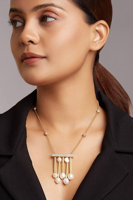 Joules By Radhika Gold Plated Pearl And Cubic Zirconia Pendant Necklace Online at Aza Fashions Joules By Radhika_Gold Plated Pearl And Cubic Zirconia Pendant Necklace _Online_at_Aza_Fashions