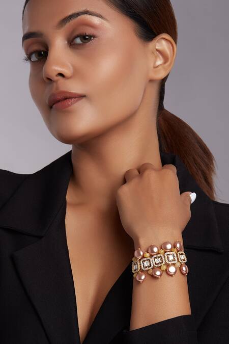 Joules By Radhika Brown Pearls Hydro Monazite Polki Bracelet