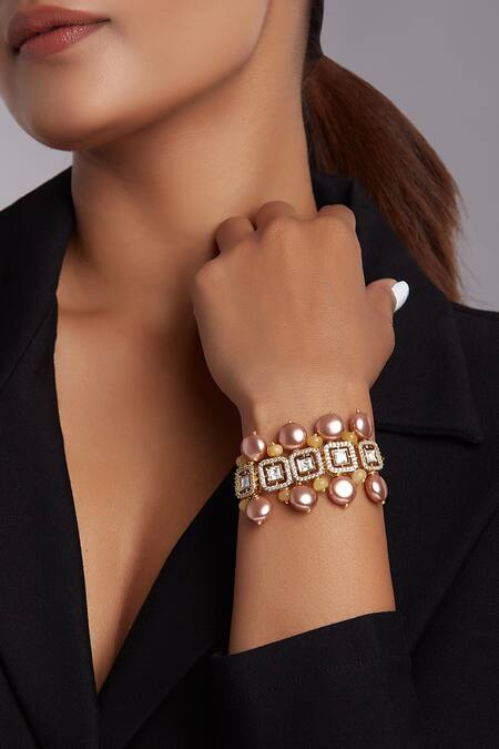 Joules By Radhika_Brown Pearls Hydro Monazite Polki Bracelet_Online_at_Aza_Fashions