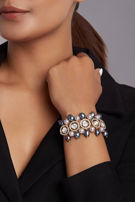 Joules By Radhika_Grey Pearls Hydro Monazite Polki Bracelet_Online_at_Aza_Fashions
