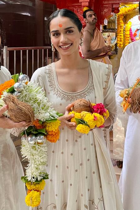 Buy_Punit Balana_White Chanderi , Organza Floral Jaal Hand Embroidered Anarkali Set _Online_at_Aza_Fashions