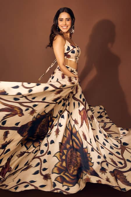 Punit Balana Beige Satin Silk Floral Motifs Scoop Neck Kalamkari Print Skirt And Top Set Online at Aza Fashions Punit Balana_Beige Satin Silk Floral Motifs Scoop Neck Kalamkari Print Skirt And Top Set _Online_at_Aza_Fashions