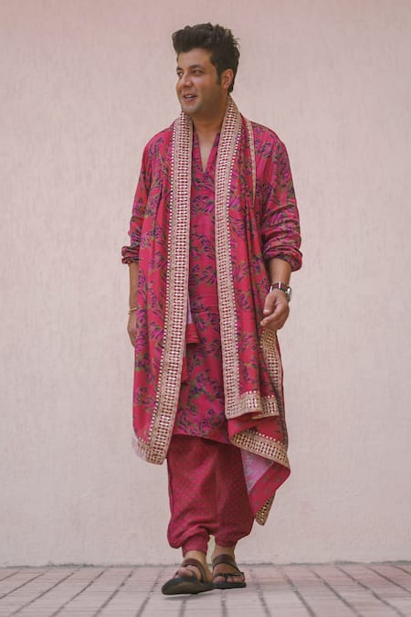 Punit Balana_Red Satin Silk And Linen Floral Motifs Printed Kurta Set _Online_at_Aza_Fashions