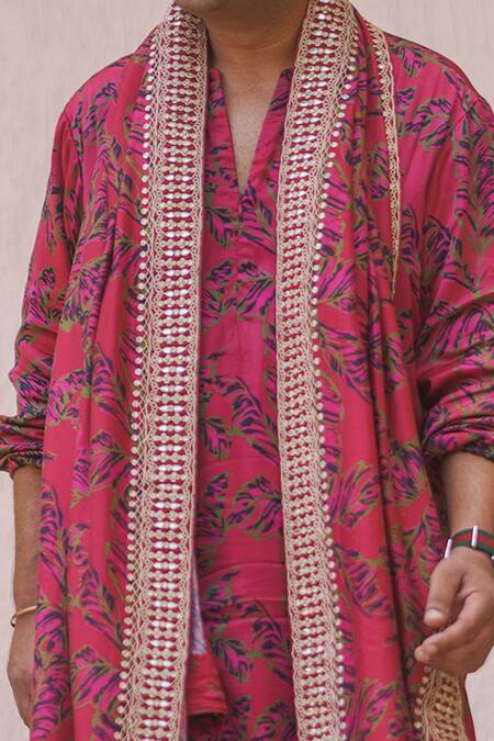 PUNIT BALANA - Red Satin Silk And Linen Printed Floral Motifs Kurta Set For  Men